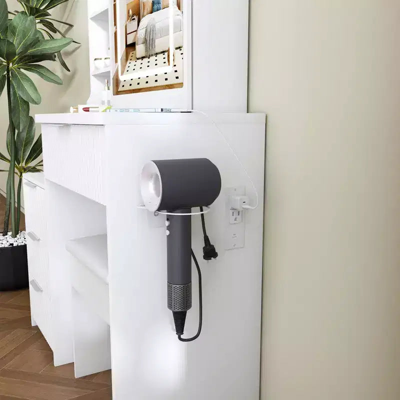 Coiffeuse avec tabouret, miroir éclairé à 3 modes de couleur, support pour sèche-cheveux, prise électrique et tiroirs