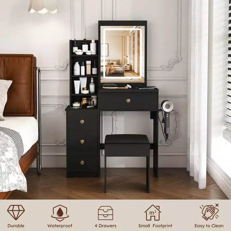 Coiffeuse avec tabouret, miroir éclairé à 3 modes de couleur, support pour sèche-cheveux, prise électrique et tiroirs