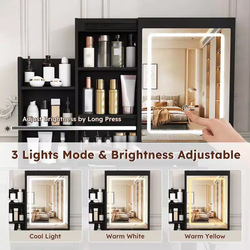 Coiffeuse avec tabouret, miroir éclairé à 3 modes de couleur, support pour sèche-cheveux, prise électrique et tiroirs