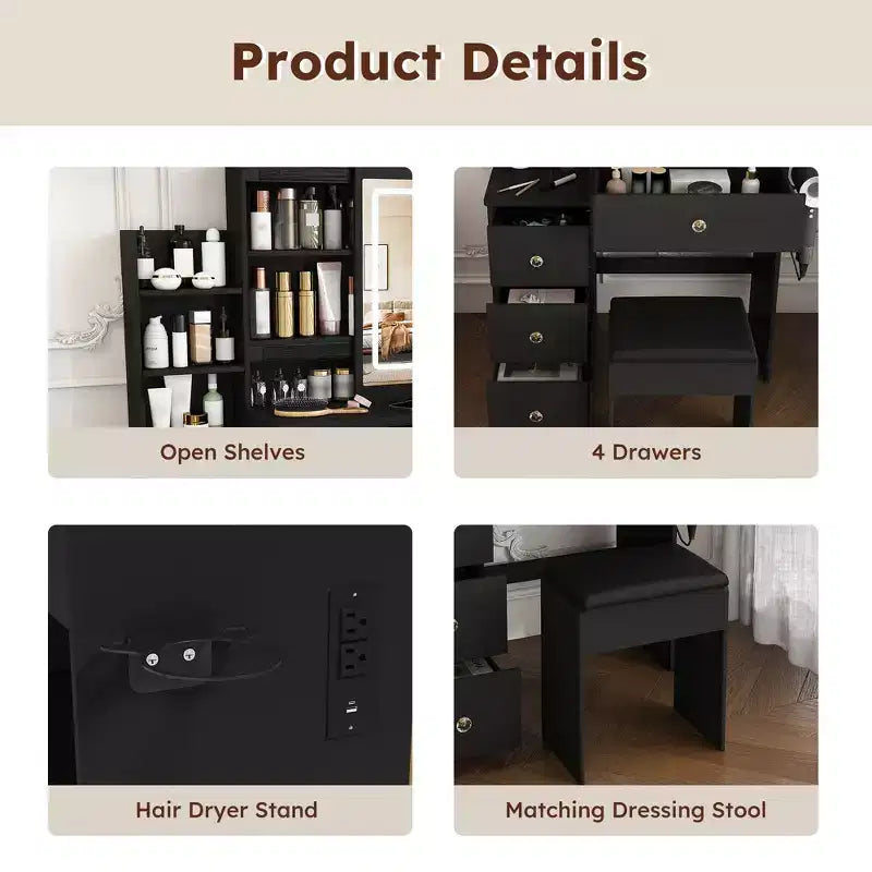 Coiffeuse avec tabouret, miroir éclairé à 3 modes de couleur, support pour sèche-cheveux, prise électrique et tiroirs