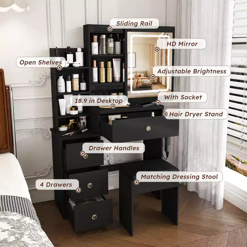 Coiffeuse avec tabouret, miroir éclairé à 3 modes de couleur, support pour sèche-cheveux, prise électrique et tiroirs