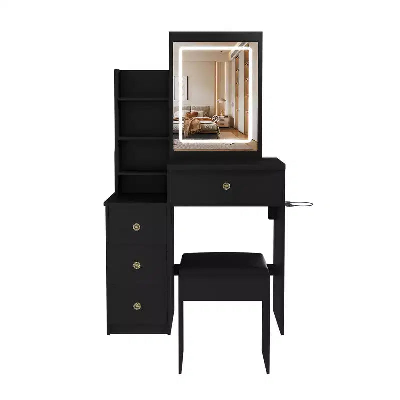 Coiffeuse avec tabouret, miroir éclairé à 3 modes de couleur, support pour sèche-cheveux, prise électrique et tiroirs