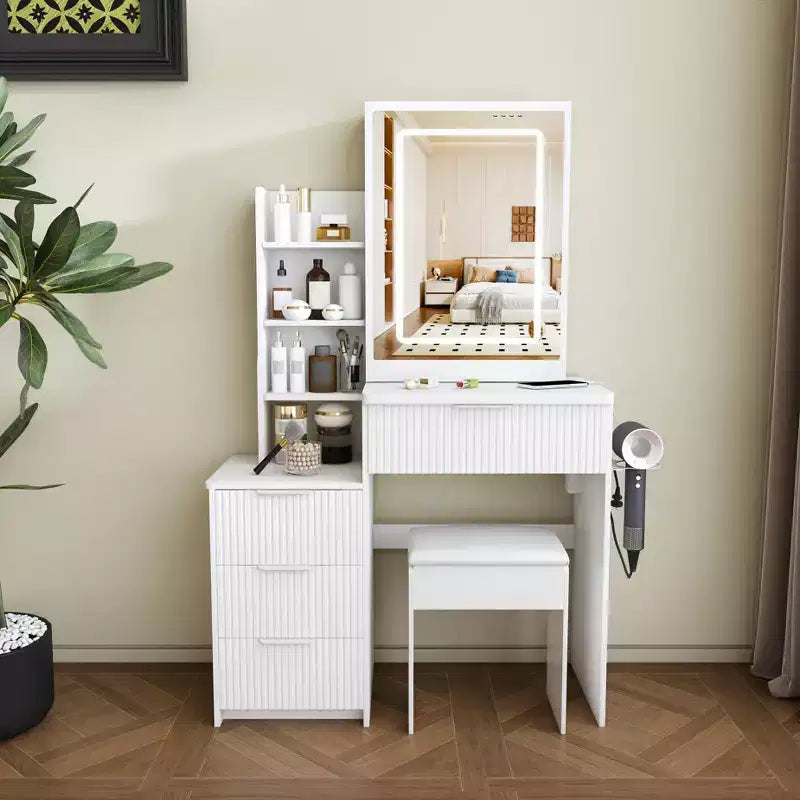 Coiffeuse avec tabouret, miroir éclairé à 3 modes de couleur, support pour sèche-cheveux, prise électrique et tiroirs