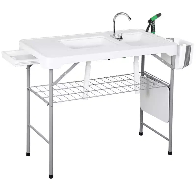 Heavy Duty Folding Fish Cleaning Table with Sink & Faucet, Portable Outdoor Fillet Station with Sprayer, Drain Hose and Storage for Patio & Picnic