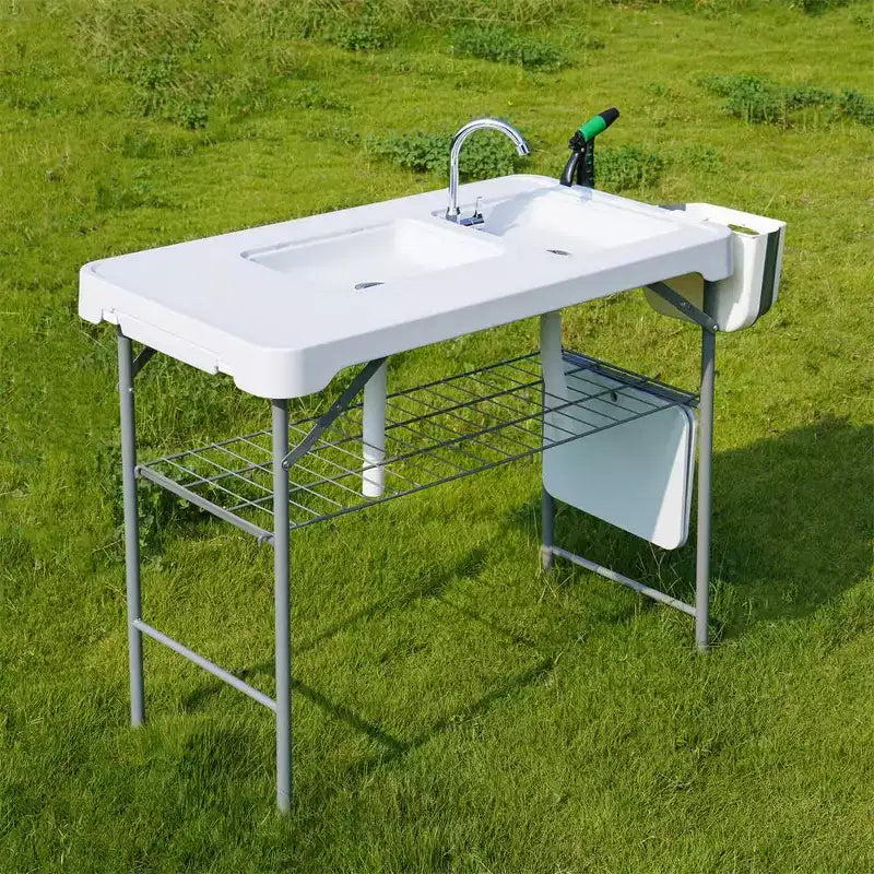 Mesa plegable de alta resistencia para limpiar pescado, con fregadero y grifo; estación portátil para filetear al aire libre con rociador, manguera de desagüe y almacenamiento, ideal para patio y pícnics