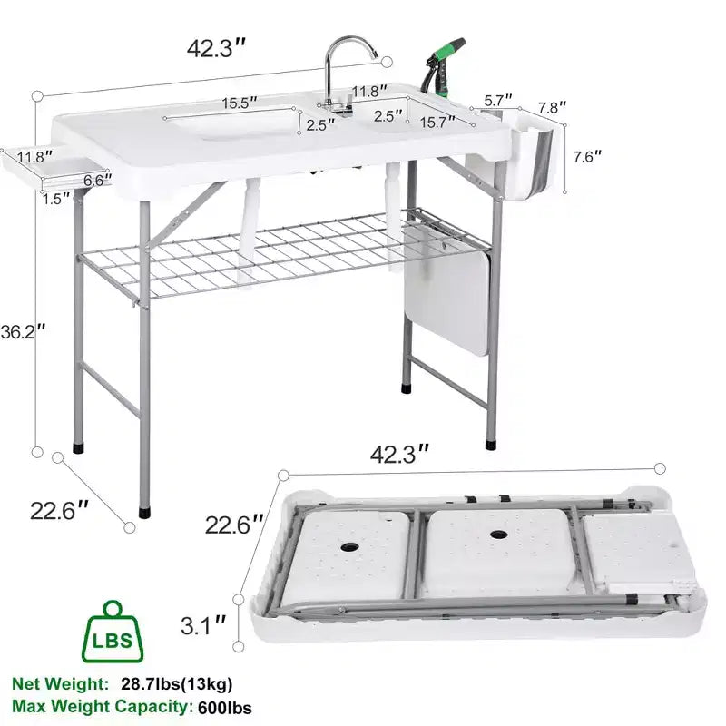 Robuster, klappbarer Fischtisch mit Spüle und Wasserhahn, tragbare Outdoor-Filetierstation mit Sprühdüse, Ablaufschlauch und Stauraum für Terrasse und Picknick