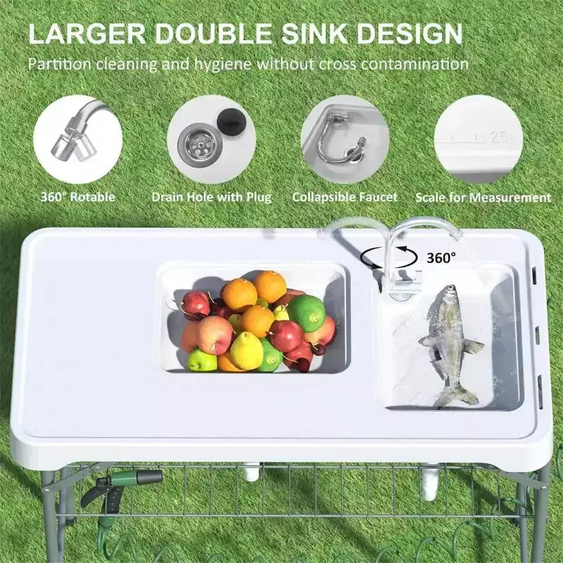Robuster, klappbarer Fischtisch mit Spüle und Wasserhahn, tragbare Outdoor-Filetierstation mit Sprühdüse, Ablaufschlauch und Stauraum für Terrasse und Picknick