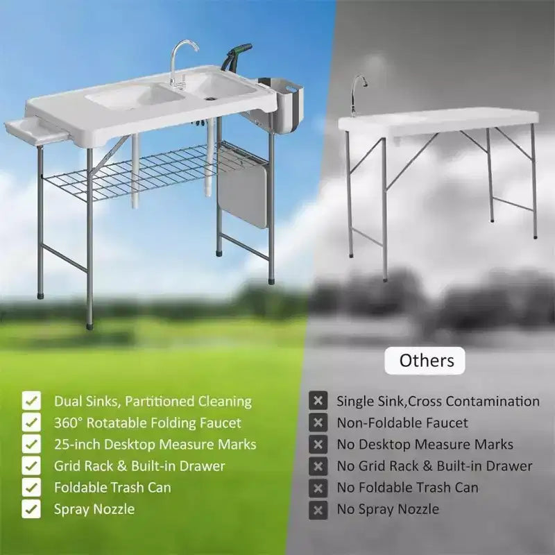 Robuster, klappbarer Fischtisch mit Spüle und Wasserhahn, tragbare Outdoor-Filetierstation mit Sprühdüse, Ablaufschlauch und Stauraum für Terrasse und Picknick