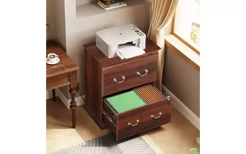 Aktenschrank mit 2 Schubladen, seitlicher Aktenschrank aus Holz im Vintage-Bauernhausstil mit Schloss und Ladestation für Letter-/Legal-/A4-Formate
