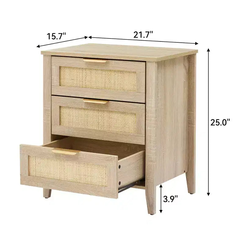 Nachttisch aus Holz im Boho-Stil mit 3 Rattanschubladen, moderner Nachttisch im Mid-Century-Stil, Beistelltisch aus Korbgeflecht mit Stauraum für Schlafzimmer und Wohnzimmer