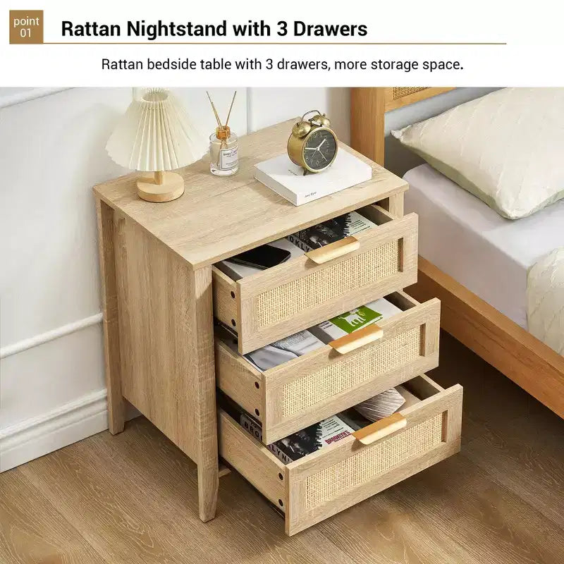 Nachttisch aus Holz im Boho-Stil mit 3 Rattanschubladen, moderner Nachttisch im Mid-Century-Stil, Beistelltisch aus Korbgeflecht mit Stauraum für Schlafzimmer und Wohnzimmer