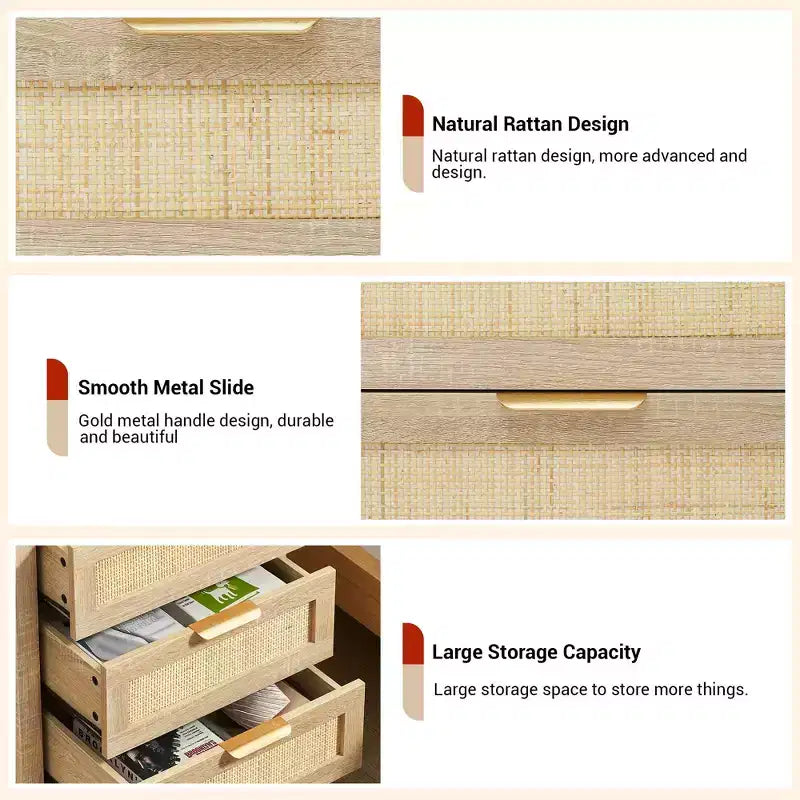 Nachttisch aus Holz im Boho-Stil mit 3 Rattanschubladen, moderner Nachttisch im Mid-Century-Stil, Beistelltisch aus Korbgeflecht mit Stauraum für Schlafzimmer und Wohnzimmer