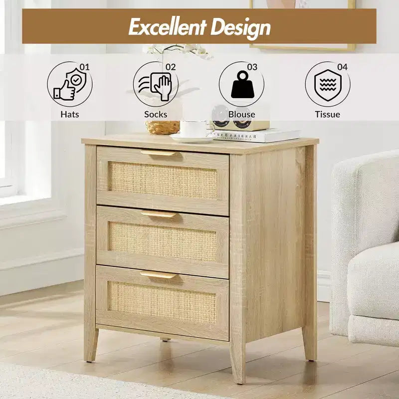 Nachttisch aus Holz im Boho-Stil mit 3 Rattanschubladen, moderner Nachttisch im Mid-Century-Stil, Beistelltisch aus Korbgeflecht mit Stauraum für Schlafzimmer und Wohnzimmer