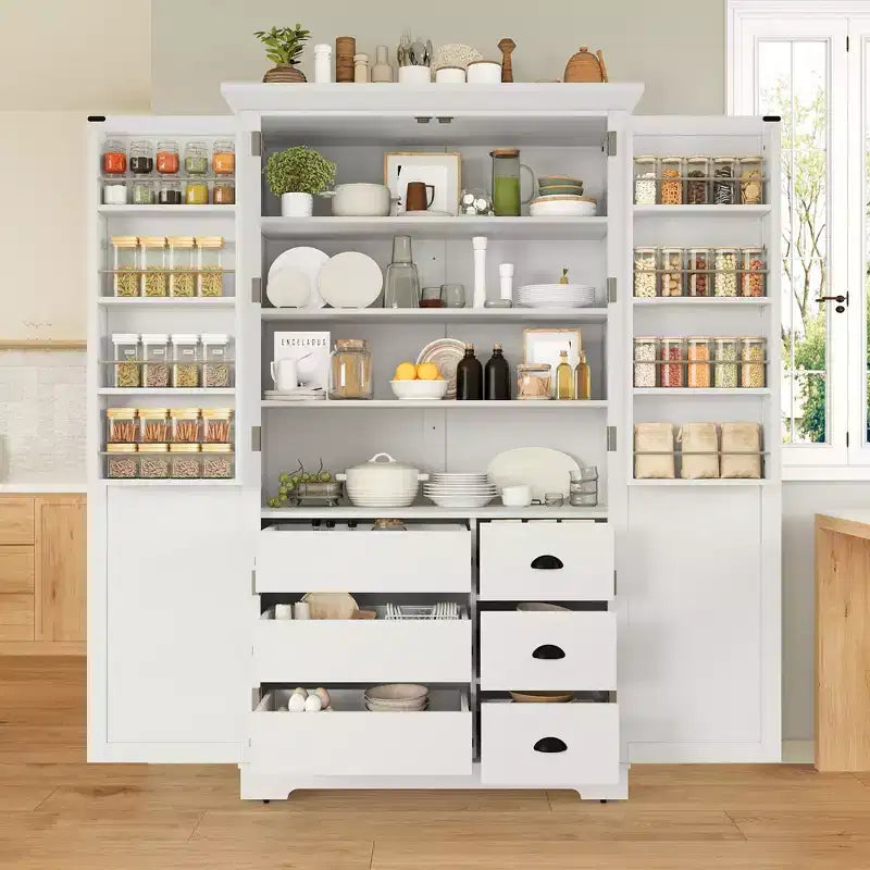 Despensa de cocina de 2 puertas, armario independiente con estantes ajustables, cajones y bandejas extraíbles