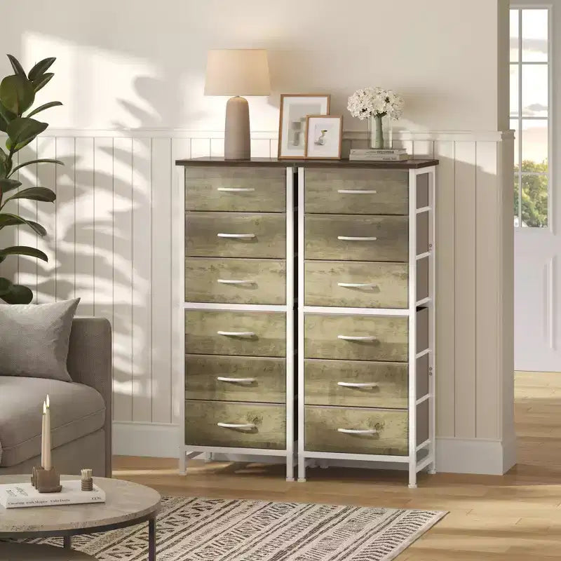 Schmaler Aufbewahrungsschrank mit 6 Schubladen und offenen Regalen, für Schlafzimmer, Wohnzimmer und Büroorganisation, Stoff in Eichenoptik