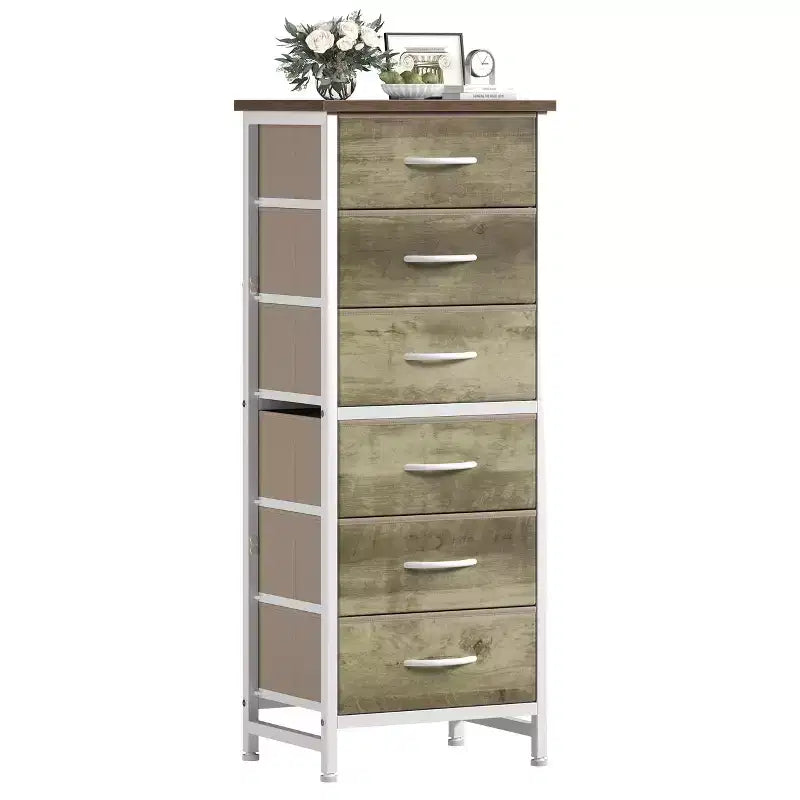 Schmaler Aufbewahrungsschrank mit 6 Schubladen und offenen Regalen, für Schlafzimmer, Wohnzimmer und Büroorganisation, Stoff in Eichenoptik