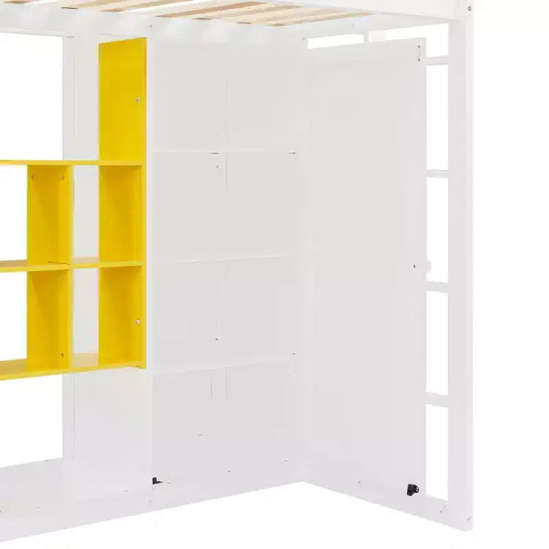 Cama alta moderna de madera con armario abierto, estantes y gabinete de almacenamiento,