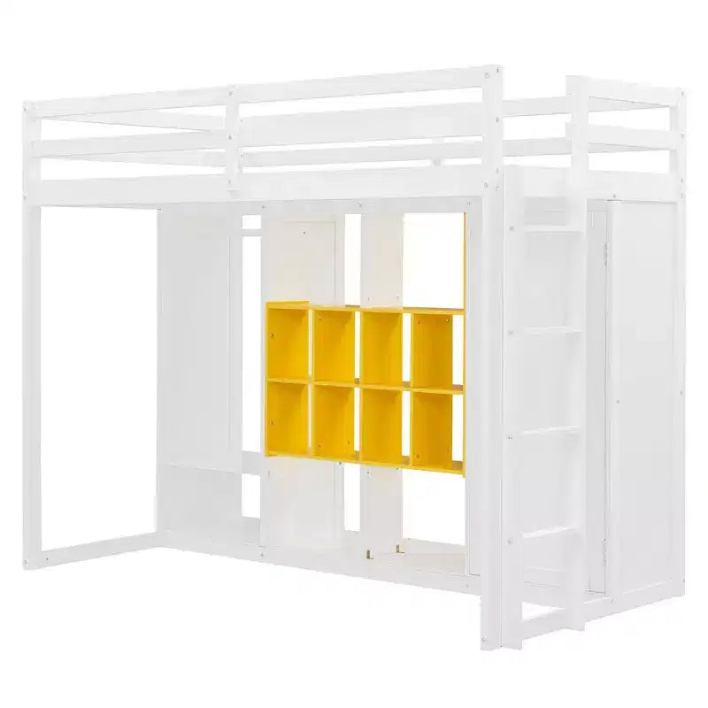 Cama alta moderna de madera con armario abierto, estantes y gabinete de almacenamiento,