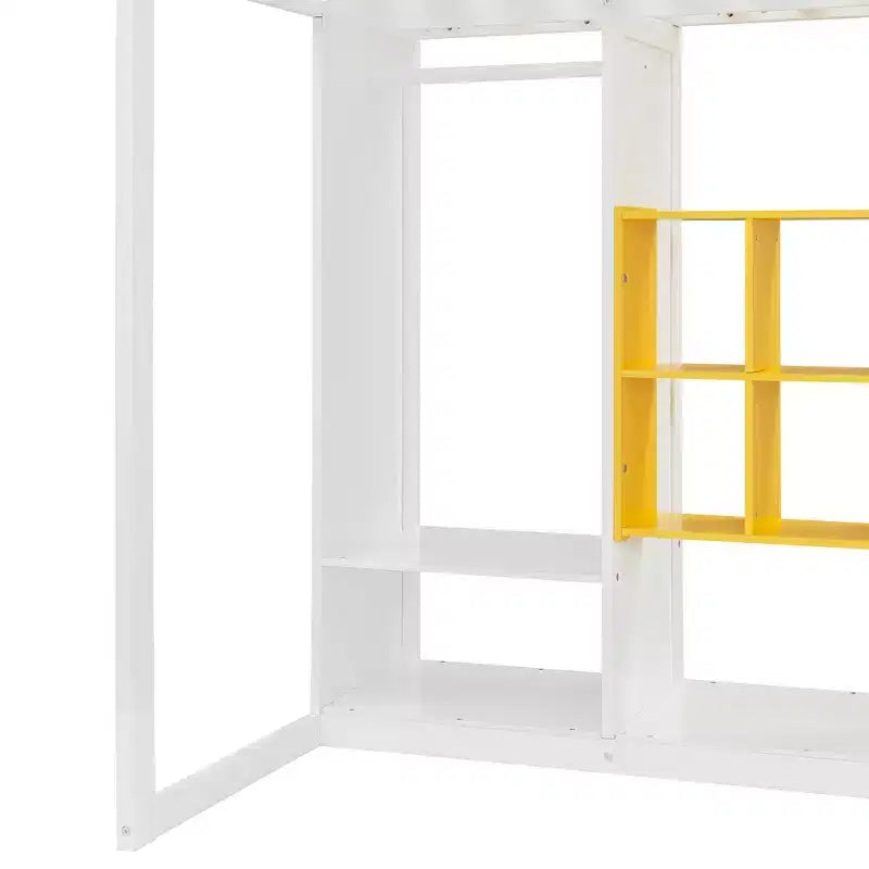 Cama alta moderna de madera con armario abierto, estantes y gabinete de almacenamiento,
