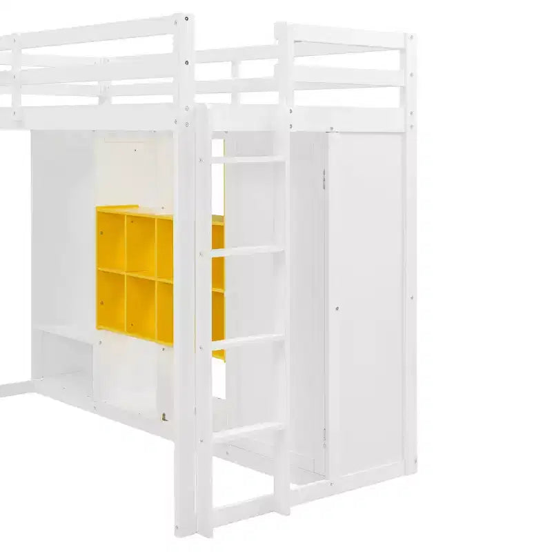 Cama alta moderna de madera con armario abierto, estantes y gabinete de almacenamiento,