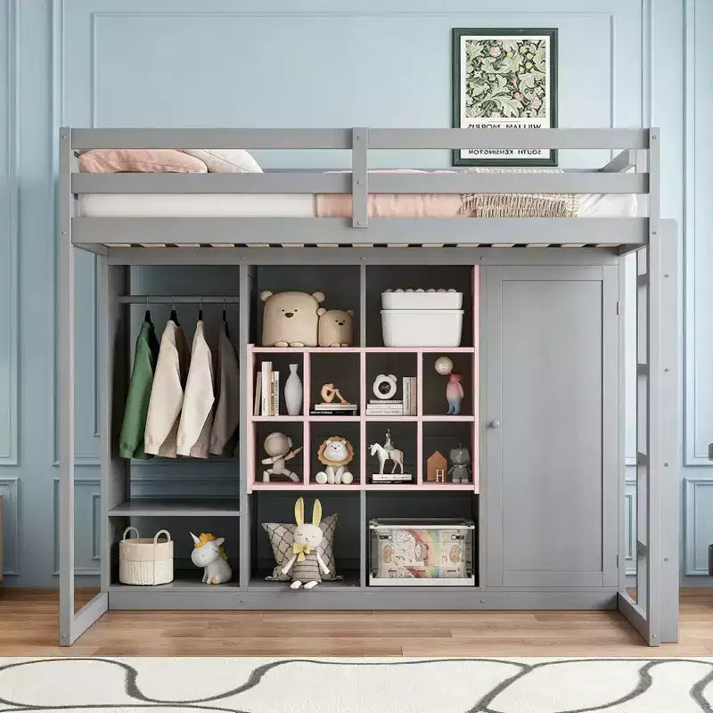 Cama alta moderna de madera con armario abierto, estantes y gabinete de almacenamiento,