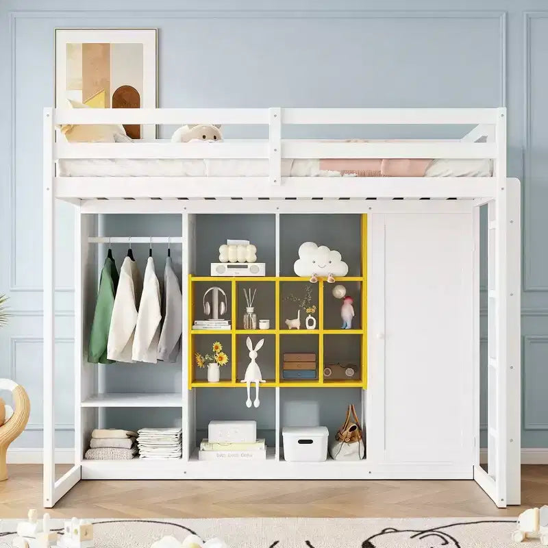 Modernes Hochbett aus Holz mit offenem Kleiderschrank, Regalen und Aufbewahrungsschrank,