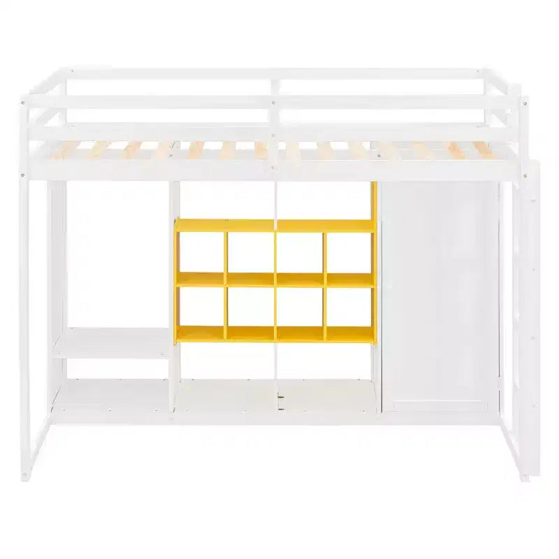 Modernes Hochbett aus Holz mit offenem Kleiderschrank, Regalen und Aufbewahrungsschrank,