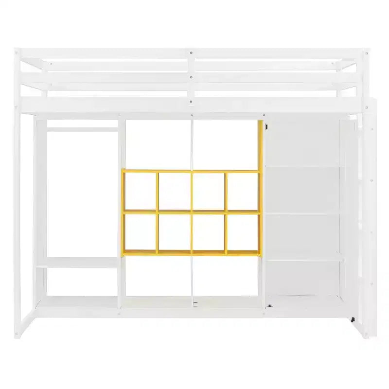 Cama alta moderna de madera con armario abierto, estantes y gabinete de almacenamiento,