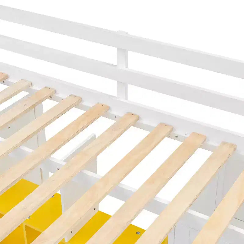 Cama alta moderna de madera con armario abierto, estantes y gabinete de almacenamiento,