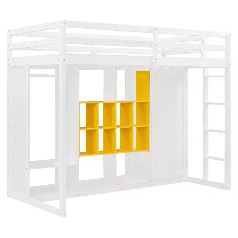 Cama alta moderna de madera con armario abierto, estantes y gabinete de almacenamiento,