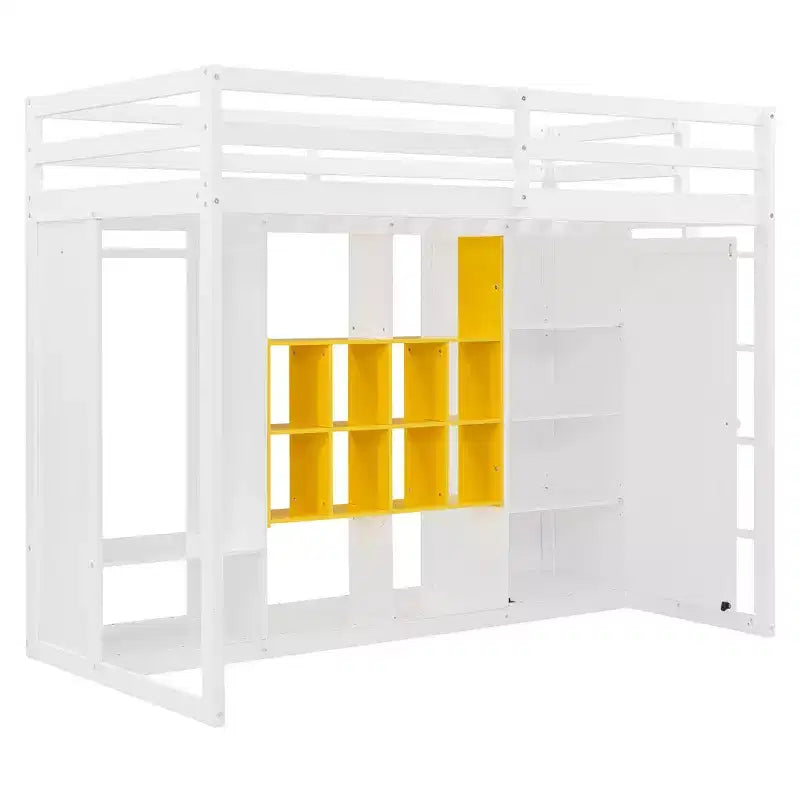 Cama alta moderna de madera con armario abierto, estantes y gabinete de almacenamiento,
