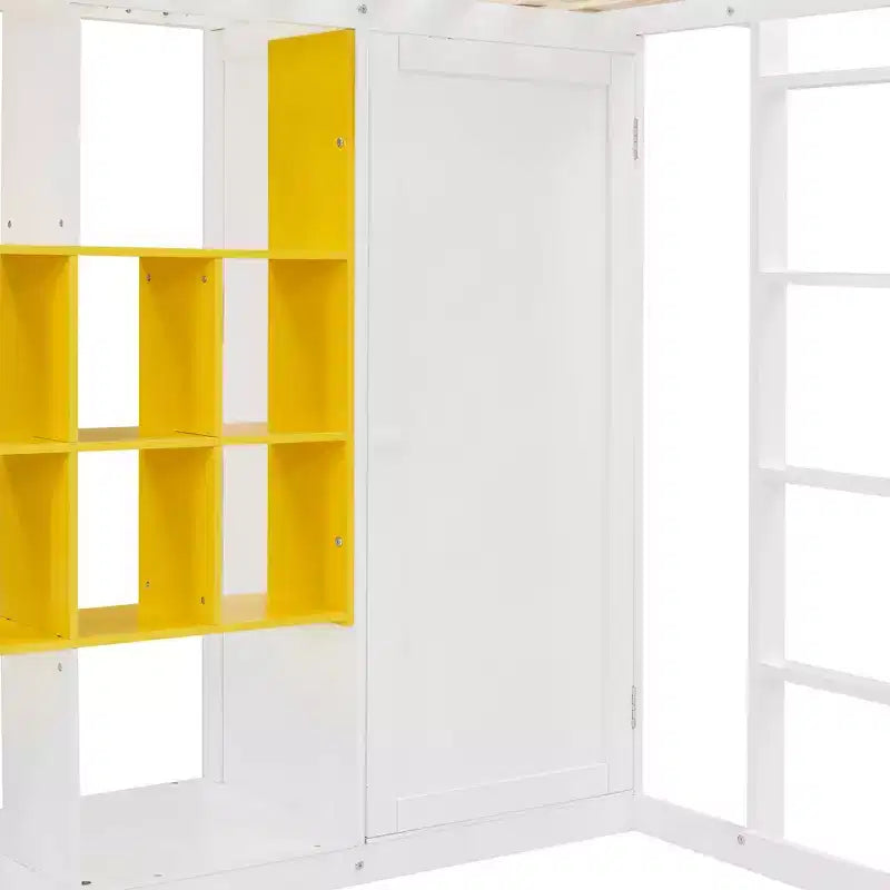 Cama alta moderna de madera con armario abierto, estantes y gabinete de almacenamiento,