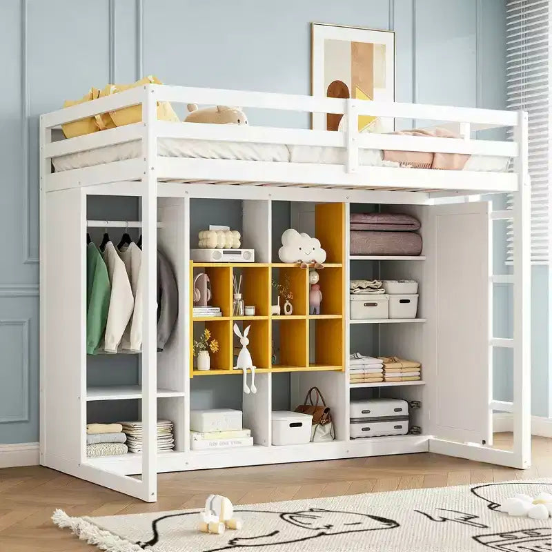 Cama alta moderna de madera con armario abierto, estantes y gabinete de almacenamiento,