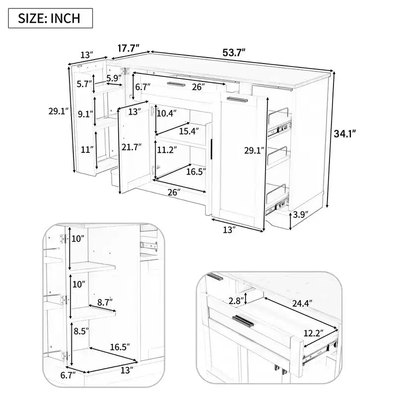 Sideboard-Buffetschrank mit verstellbaren Regalböden, 3-stufigem Ausziehregal und Schublade, Kücheninsel für Küche und Wohnzimmer