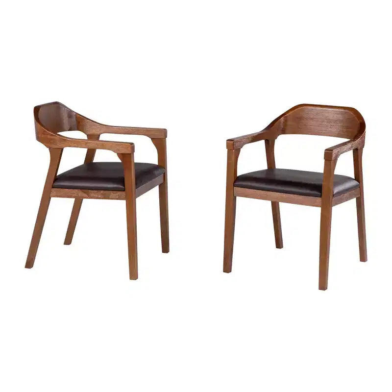 Juego de 2 sillones de comedor marrones/castaños tapizados, cuero sintético, estilo moderno de mediados de siglo