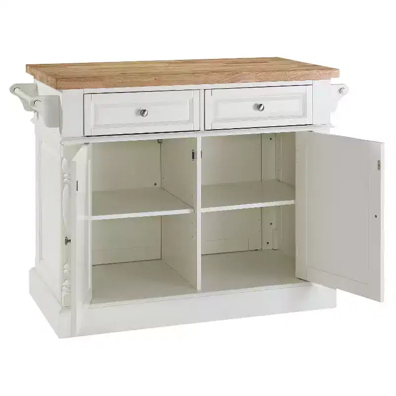 Îlot de cuisine avec plateau en bois de boucher - blanc : structure en bois dur, porte-serviettes, 4 étagères, 2 tiroirs