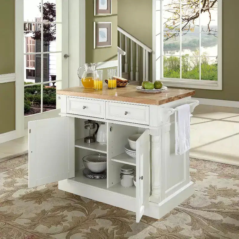 Îlot de cuisine avec plateau en bois de boucher - blanc : structure en bois dur, porte-serviettes, 4 étagères, 2 tiroirs