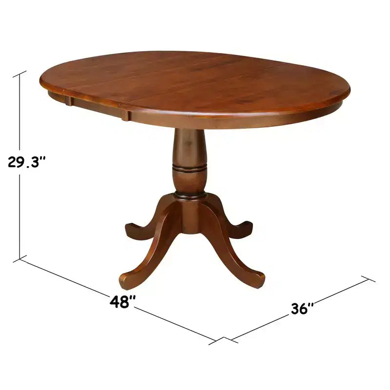 Mesa de comedor redonda con pedestal de 36" extensible, con ala abatible de 12"