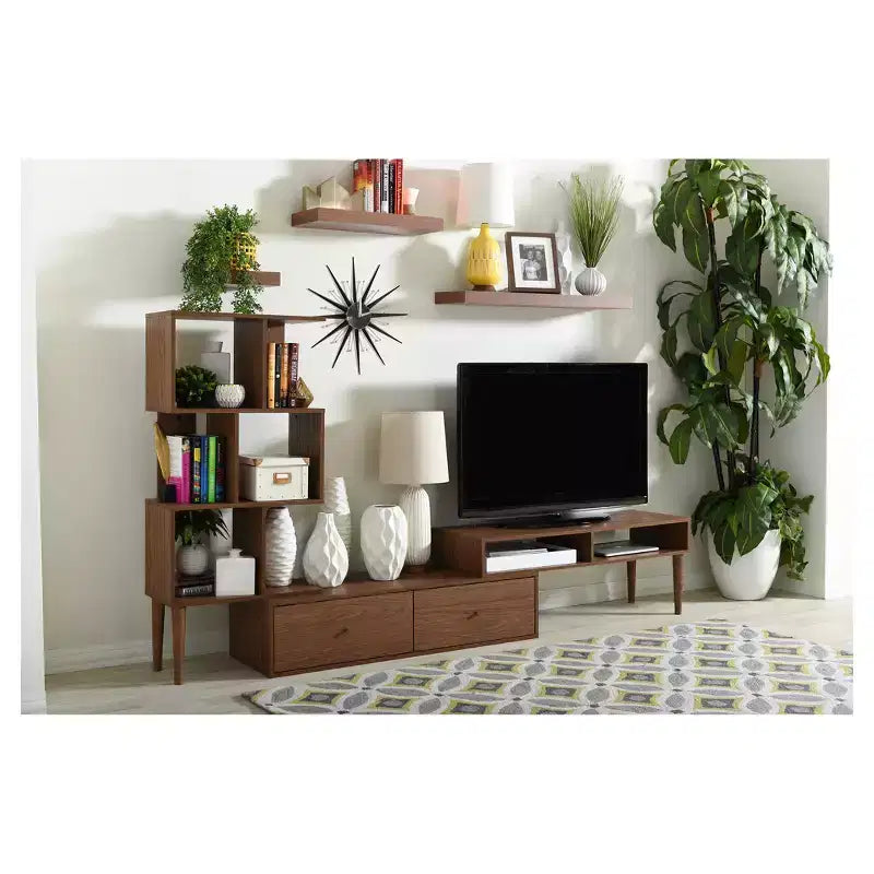 TV-Stand im modernen Retro-Mid-Century-Stil für Fernseher bis zu 60", walnussbraunes Entertainment-Center, Medienkonsole
