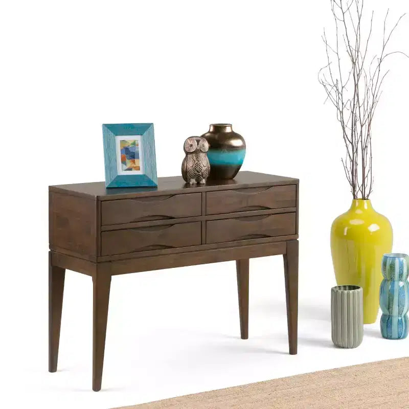 Mesa consola de pasillo de madera maciza de 40", marrón nogal de mediados de siglo, 4 cajones, almacenamiento para la entrada