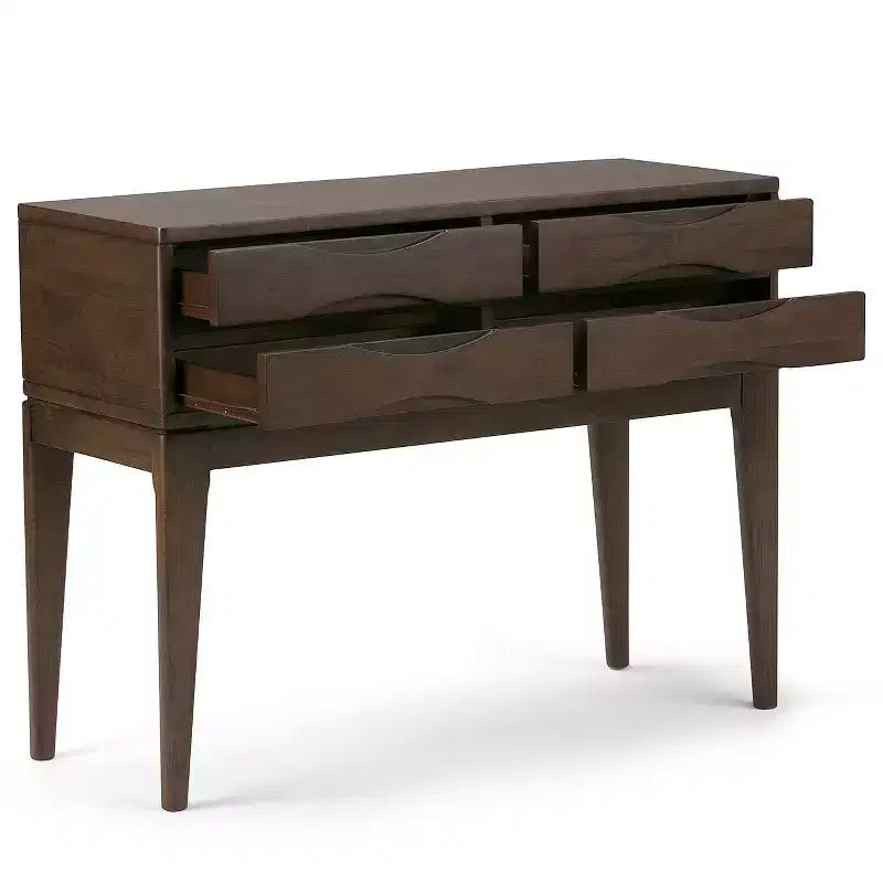 Mesa consola de pasillo de madera maciza de 40", marrón nogal de mediados de siglo, 4 cajones, almacenamiento para la entrada