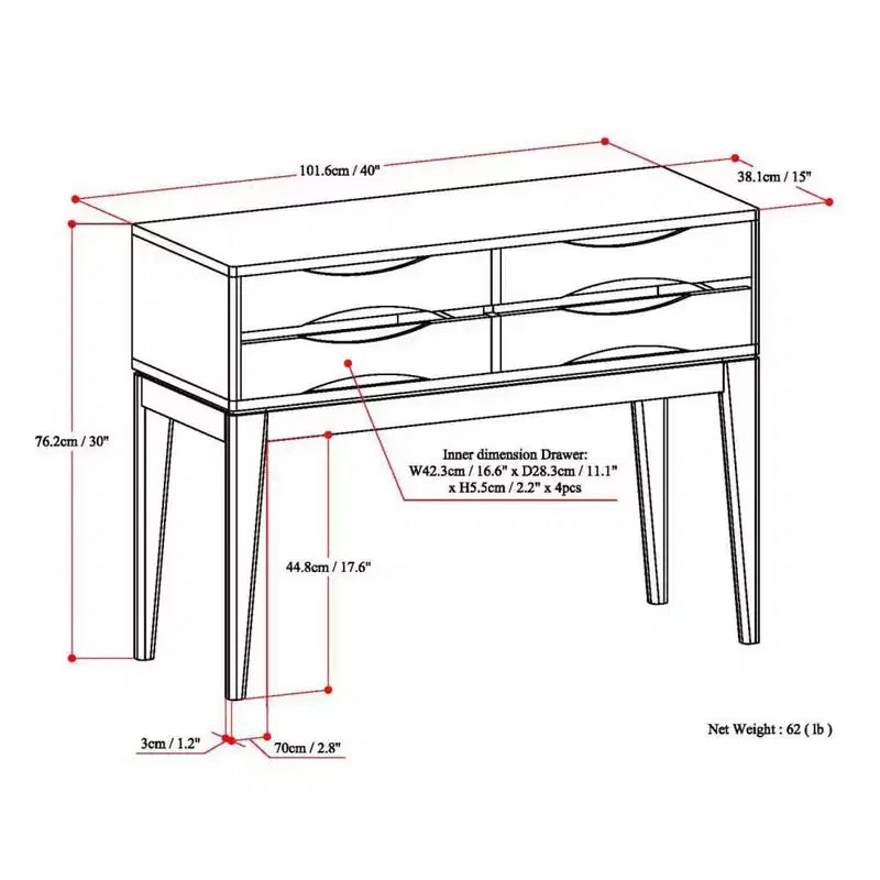 Mesa consola de pasillo de madera maciza de 40", marrón nogal de mediados de siglo, 4 cajones, almacenamiento para la entrada