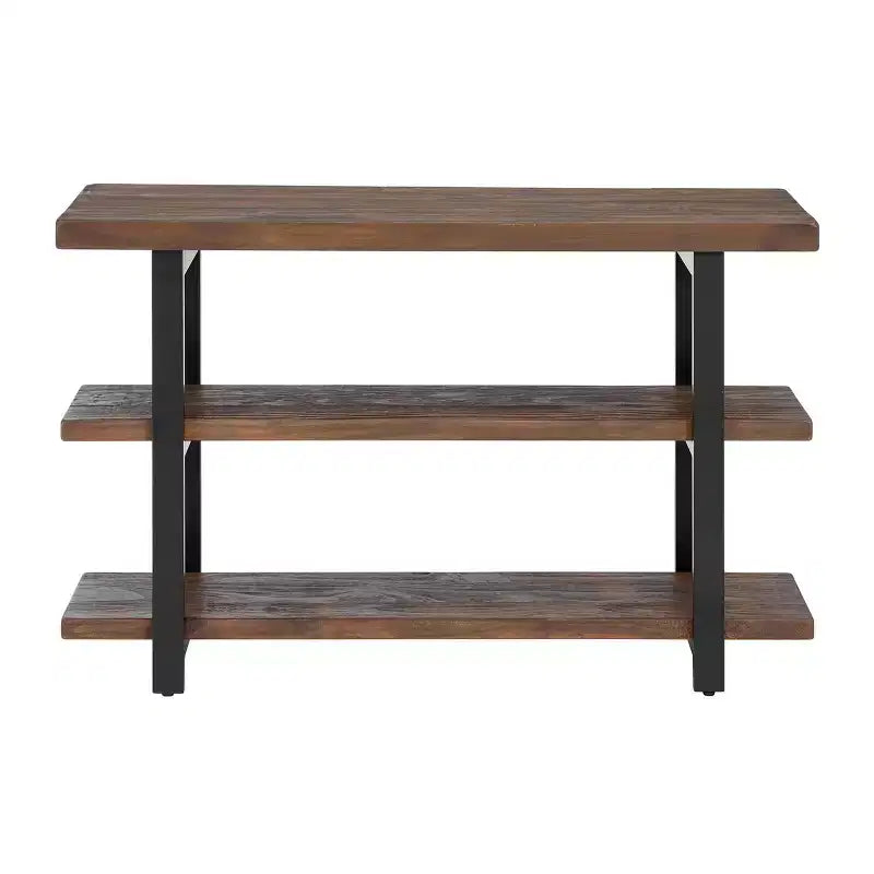 Mesa consola con 2 estantes, mesa auxiliar rústica marrón, estructura de metal, tablero de madera, mueble para la entrada