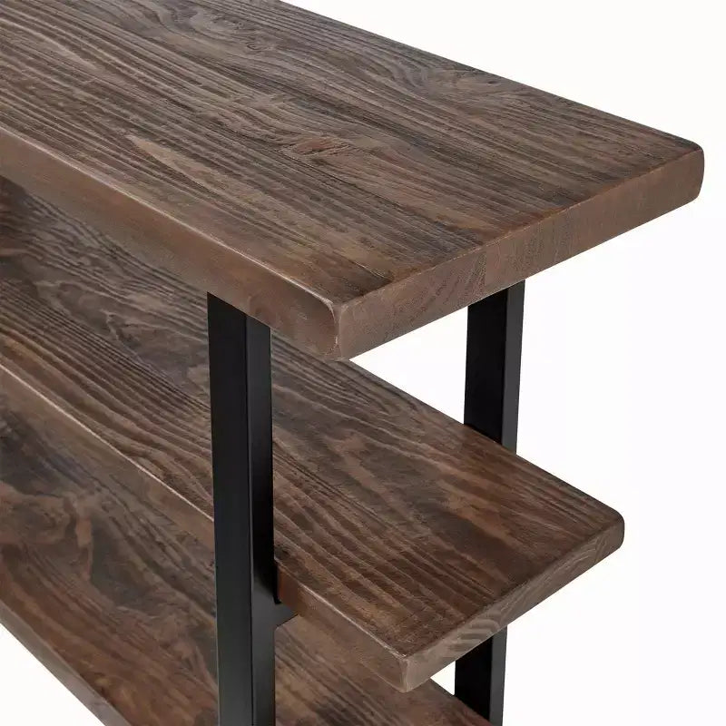 Mesa consola con 2 estantes, mesa auxiliar rústica marrón, estructura de metal, tablero de madera, mueble para la entrada
