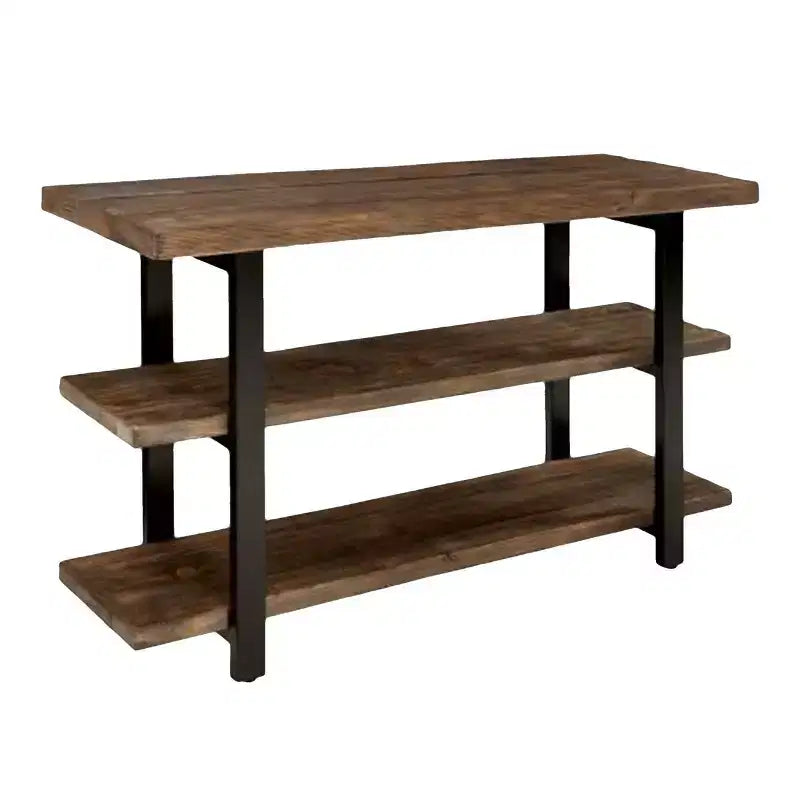 Mesa consola con 2 estantes, mesa auxiliar rústica marrón, estructura de metal, tablero de madera, mueble para la entrada