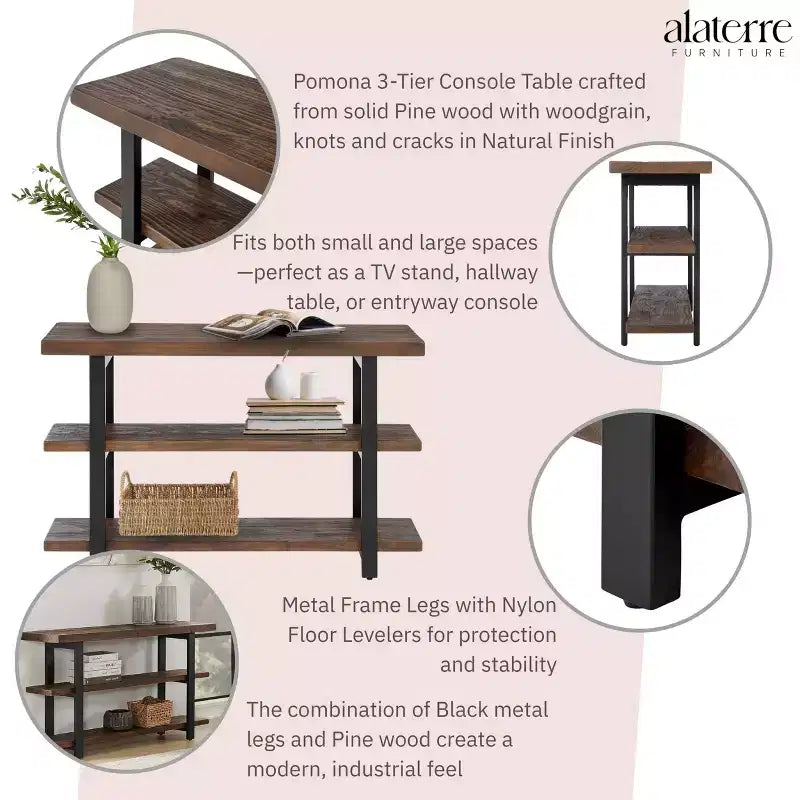 Mesa consola con 2 estantes, mesa auxiliar rústica marrón, estructura de metal, tablero de madera, mueble para la entrada