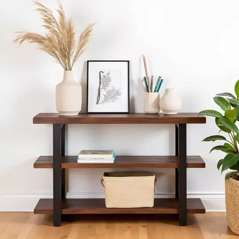 Mesa consola con 2 estantes, mesa auxiliar rústica marrón, estructura de metal, tablero de madera, mueble para la entrada
