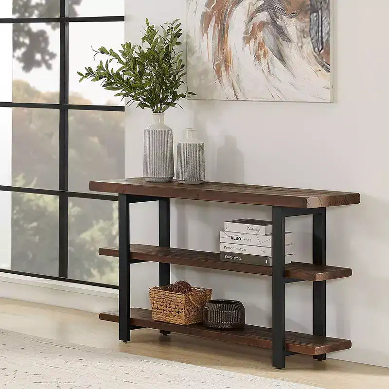 Mesa consola con 2 estantes, mesa auxiliar rústica marrón, estructura de metal, tablero de madera, mueble para la entrada