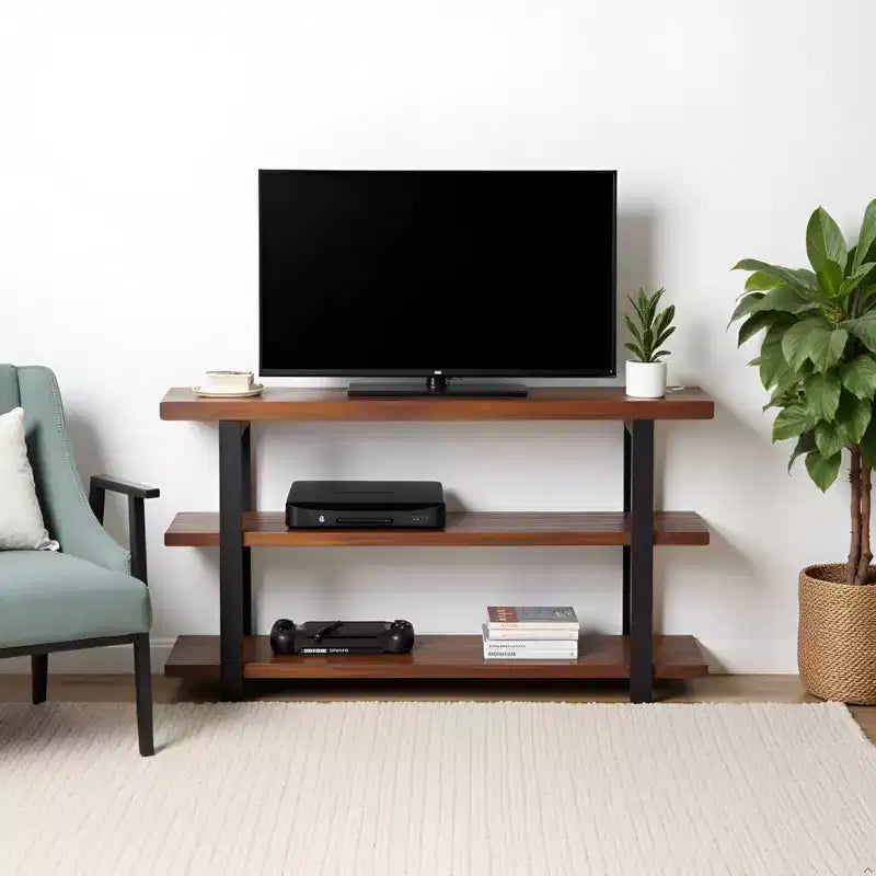 Mesa consola con 2 estantes, mesa auxiliar rústica marrón, estructura de metal, tablero de madera, mueble para la entrada