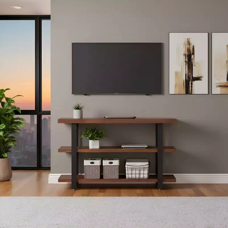 Mesa consola con 2 estantes, mesa auxiliar rústica marrón, estructura de metal, tablero de madera, mueble para la entrada